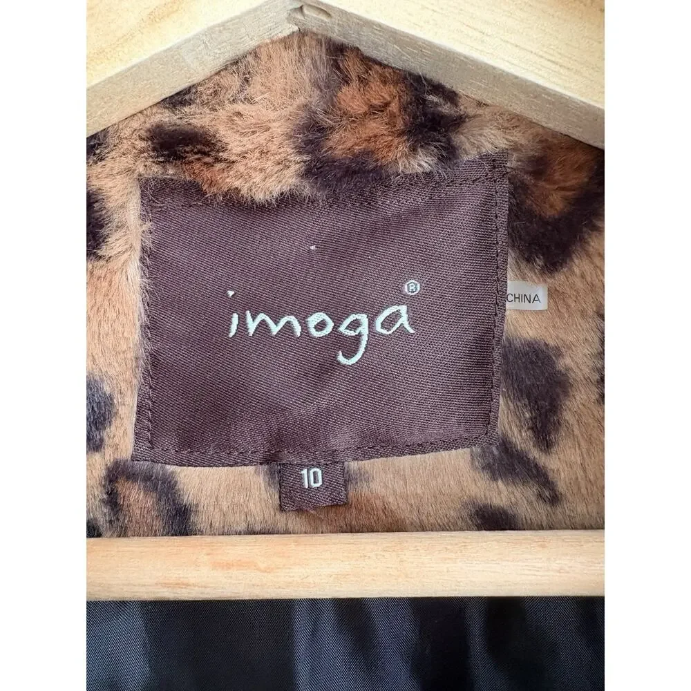 IMOGA Emma Leopard Faux Fur Coat Girls Size 10 Animal Print Jacket Red Trim